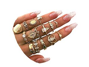 BERYUAN Rings Crystal Rings for Women Rings for Teen Girls Gold Rings Womens Rings Cute Rings Stackable Rings Set(15Pcs)(Rings Size 5 6 7 8 9)