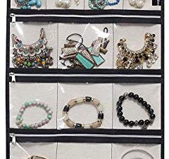 MISSLO Hanging Jewelry Organizer Travel Foldable Jewelry Roll Storage Case with 14 Cotton Zippered Pockets for Traveling