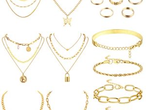 Sanfenly Gold Jewelry Sets for Women Gold Layered Necklaces Chunky Bracelets Knuckle Rings Set Costume Accessories Jewelry