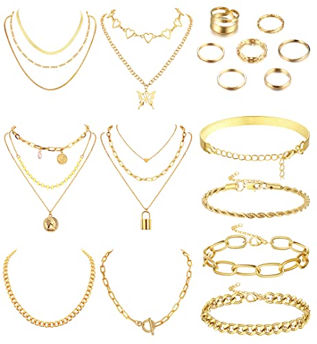 Sanfenly Gold Jewelry Sets for Women Gold Layered Necklaces Chunky Bracelets Knuckle Rings Set Costume Accessories Jewelry Sanfenly Gold Jewelry Sets for Women Gold Layered Necklaces Chunky Bracelets Knuckle Rings Set Costume Accessories Jewelry