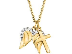 Ross-Simons 14kt Yellow Gold Cross and Angel Wings Pendant Necklace With Diamond Accents