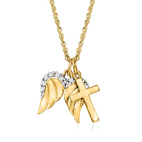 Ross-Simons 14kt Yellow Gold Cross and Angel Wings Pendant Necklace With Diamond Accents Ross-Simons 14kt Yellow Gold Cross and Angel Wings Pendant Necklace With Diamond Accents