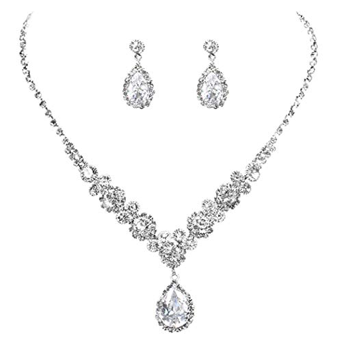 COCIDE Bride Jewelry Set Silver Crystal Wedding Necklace Earrings Bridal Rhinestone Teardrop Pendant Accessories for Women and Bridesmaids (3 piece set - 2 earrings and 1 necklace) COCIDE Bride Jewelry Set Silver Crystal Wedding Necklace Earrings Bridal Rhinestone Teardrop Pendant Accessories for Women and Bridesmaids (3 piece set - 2 earrings and 1 necklace)