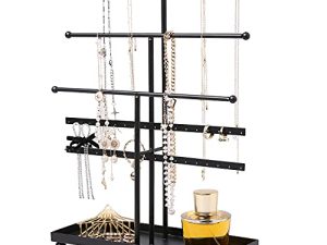 MyGift Matte Black Metal T Bar Jewelry Stand Organizer with Ring Tray
