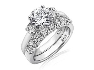 Amazon Collection Platinum-Plated Sterling Silver Infinite Elements Zirconia Round-Cut Three-Stone Ring Set