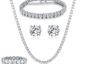 18K White Gold Plated Tennis Necklace/Bracelet/Earrings/Band Ring Sets Hypoallergenic Jewelry Pack of 4