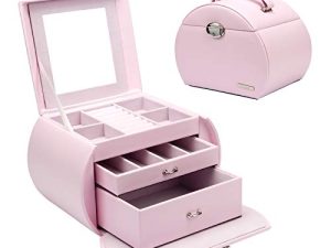 Homde Girls Jewelry Box Pink Storage Case Organizer Faux Leather with Mirror