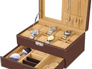 Oyydecor Watch Box 12 Slots Watch Organizer Jewelry Display Case Organizer with Jewelry Drawer for Storage and Display Lockable