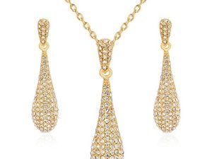 Full Crystal Rhinestone Gem Tear Drop Pendant Necklace Earrings Jewelry Sets