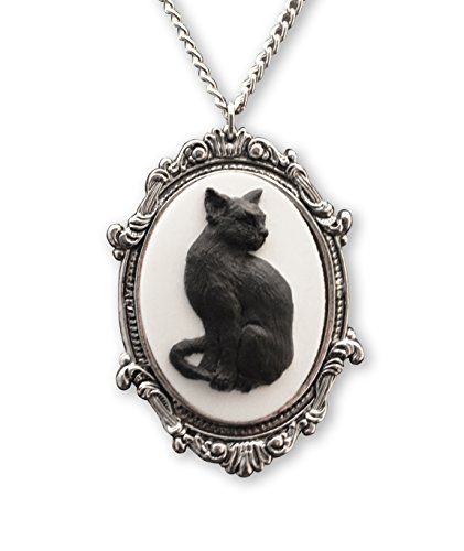 Black Cat Cameo in Antique Silver Finish Pewter Frame Pendant Necklace Black Cat Cameo in Antique Silver Finish Pewter Frame Pendant Necklace
