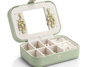 Vlando Travel Jewelry Case Box Women PU Leather 2 Layer Jewelry Organizer Holder for Necklace Earring Rings-Green