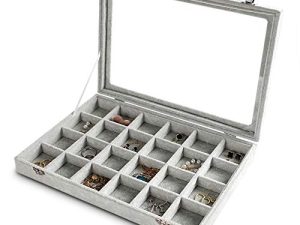 Jewelry Organizer Tray with Clear Lid 24 Grid Velvet Drawer Insert Jewelry Storage box with Transparent Glass lid Display Case Store Showcase Box Holder with lock Gifts for Women(Grey