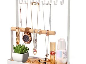 Portin Jewelry Organizer Display Stand Holder with Wooden Ring Tray and Hooks Storage Necklaces Bracelets