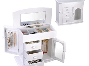 Yescom Wooden Jewelry Box Built-in Mirror Ring Earring Necklace Organizer Storage Case White