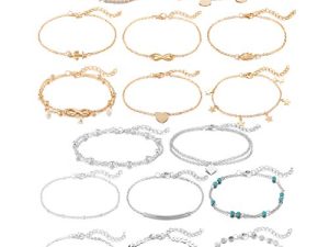 Softones 16Pcs Ankle Bracelets for Women Girls Gold Silver Two Style Chain Beach Anklet Bracelet Jewelry Anklet Set