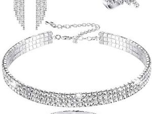 Women Rhinestone Stretch Bracelet Bangle Crystal Rhinestone Necklace Ring Dangle Fringe Earrings