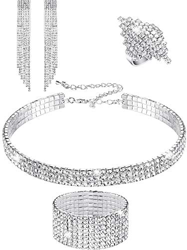 Women Rhinestone Stretch Bracelet Bangle Crystal Rhinestone Necklace Ring Dangle Fringe Earrings Women Rhinestone Stretch Bracelet Bangle Crystal Rhinestone Necklace Ring Dangle Fringe Earrings