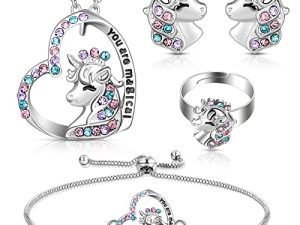 4 Pieces Girls Unicorn Jewelry Set Kids Jewelry for Girls Unicorn Necklace Bracelet Ring Stud Earrings Heart Pendant Necklace Sets for Kids Rainbow Unicorn Jewelry for Women Girls Teens