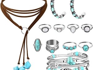 11 Pieces Bohemian Turquoise Jewelry Set Women Western Turquoise Pendant Necklace Layered Wrap Bangle Bracelet Vintage Turquoise Hoop Earrings Boho Joint Knuckle Rings Set for Women Girls