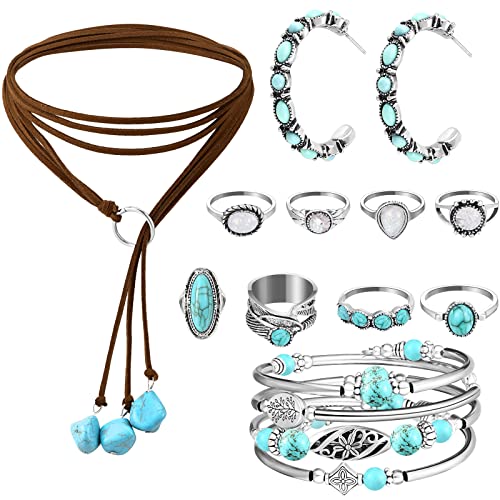 11 Pieces Bohemian Turquoise Jewelry Set Women Western Turquoise Pendant Necklace Layered Wrap Bangle Bracelet Vintage Turquoise Hoop Earrings Boho Joint Knuckle Rings Set for Women Girls 11 Pieces Bohemian Turquoise Jewelry Set Women Western Turquoise Pendant Necklace Layered Wrap Bangle Bracelet Vintage Turquoise Hoop Earrings Boho Joint Knuckle Rings Set for Women Girls