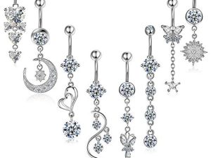 8 Pieces 14G Belly Button Rings Steel Long Dangle Navel Ring CZ Body Piercing Jewelry (Gold)