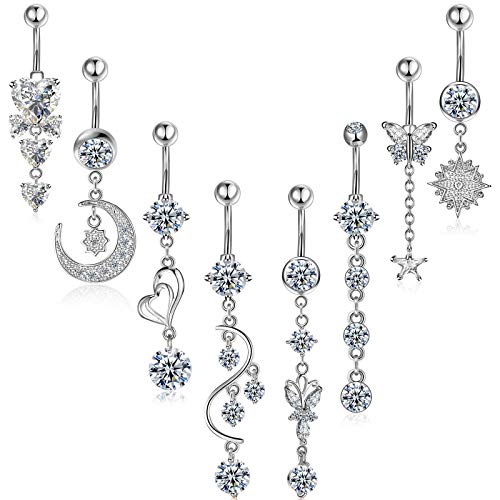 8 Pieces 14G Belly Button Rings Steel Long Dangle Navel Ring CZ Body Piercing Jewelry (Gold) 8 Pieces 14G Belly Button Rings Steel Long Dangle Navel Ring CZ Body Piercing Jewelry (Gold)