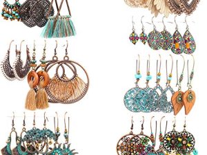 21 Pairs Fashion Boho Drop Dangle Earrings for Women Girls Colorful Tassel Vintage Statement Lightweight Bohemian National Style Teardrop Hollow Leaf Wooden Beaded Hoop Hippie Jewelry Earrings Set