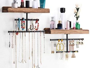 Keebofly Hanging Wall Mounted Jewelry Organizer with Rustic Wood Jewelry Holder Display for Necklaces Bracelet Earrings Ring Set of 2 Carbonized Black