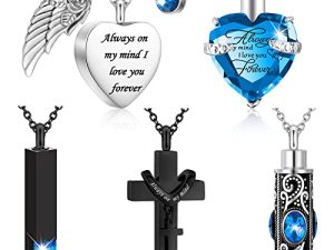 Fumete 5 Pcs Heart Cross Cubic Urn Necklace for Ashes for Men Stainless Steel Cremation Jewelry for Ashes Memorial Locket Ashes Keepsake Necklace for Women Men Mom Pendant Jewelry Set