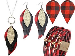 CSIYANJRY99 4 Pieces Buffalo Plaid Leather Earrings Necklace Bracelet Set