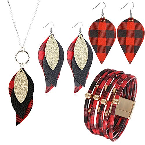CSIYANJRY99 4 Pieces Buffalo Plaid Leather Earrings Necklace Bracelet Set CSIYANJRY99 4 Pieces Buffalo Plaid Leather Earrings Necklace Bracelet Set