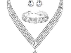 M MIRACULOUS GARDEN 3/4 Pieces Women Jewelry Set Rhinestone Tiara Crown Necklace Bangle Bracelet Crystal Teardrop Dangle Earrings and Rhinestone Handbag for Wedding Party