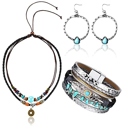 4 Pieces Western Jewelry for Women Bohemian Turquoise Pendant Choker Necklace Turquoise Boho Bangle Braided Leather Wristbands Bracelets and Vintage Turquoise Circle Earrings for Women 4 Pieces Western Jewelry for Women Bohemian Turquoise Pendant Choker Necklace Turquoise Boho Bangle Braided Leather Wristbands Bracelets and Vintage Turquoise Circle Earrings for Women