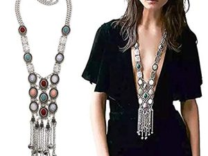 Turquoise Long Boho Bohemian Statement Ethnic Tribal Necklace for Women Vintage Retro Rhinestone (Silver)