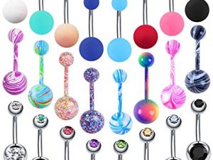 EVELICAL 24-50Pcs 14G Stainless Steel Belly Button Rings for Women Girls CZ Screw Navel Bars Body Piercing Jewelry