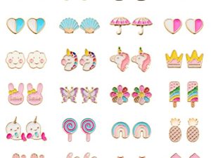 24 Pairs Hypoallergenic Earrings Set for Girls Teens Kids Stainless Steel Stud Earrings Set Animal Butterfly Rainbow Star Unicorn Cute Earring Jewelry Gifts for Girls Kids Women