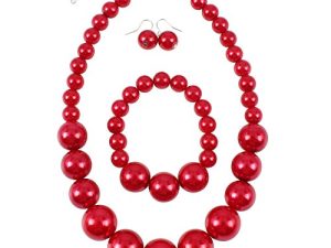 Shineland Simple Large Big Simulated Pearl Statement Necklace Bracelet and Earrings Jewelry Set (Red)