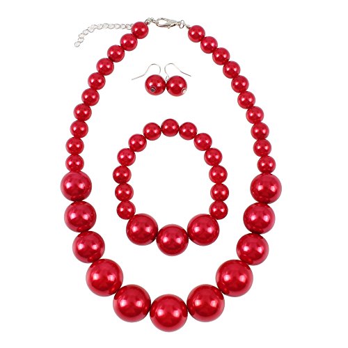 Shineland Simple Large Big Simulated Pearl Statement Necklace Bracelet and Earrings Jewelry Set (Red) Shineland Simple Large Big Simulated Pearl Statement Necklace Bracelet and Earrings Jewelry Set (Red)