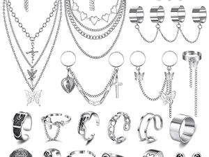 Sanfenly Punk Chain Rings+ Layered Chain Necklace Set for Women Men Egirl Eboy