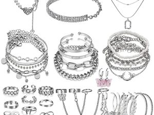 17IF 35 -37 Pcs Silver Gold Jewelry Set for Women 12 Pcs Rings 4 Pcs Necklace 14 Pcs Bracelet and 5 Pair Earring