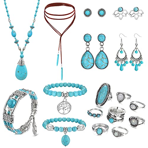 Florideco Western Jewelry for Women Bohemian Turquoise Jewelry Set Turquoise Pendant Choker Necklace Turquoise Faux Leather Cuff Bracelet Turquoise Hoop Dangle Earrings Turquoise Joint Knuckle Rings Florideco Western Jewelry for Women Bohemian Turquoise Jewelry Set Turquoise Pendant Choker Necklace Turquoise Faux Leather Cuff Bracelet Turquoise Hoop Dangle Earrings Turquoise Joint Knuckle Rings