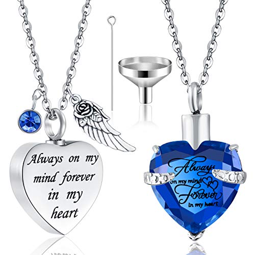 2 Pieces Cremation Urn Necklace Heart Ashes Necklace Carved Locket Stainless Steel Waterproof Memorial Pendant with Angel Wing Birthstone and Filling Kit Always on My Mind 2 Pieces Cremation Urn Necklace Heart Ashes Necklace Carved Locket Stainless Steel Waterproof Memorial Pendant with Angel Wing Birthstone and Filling Kit Always on My Mind