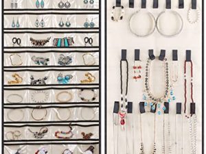 MISSLO Dual-sided Hanging Jewelry Organizer with 40 Pockets and 20 Hook & Loops Closet Necklace Holder for Earring Bracelet Ring Chain with Rotating Hanger