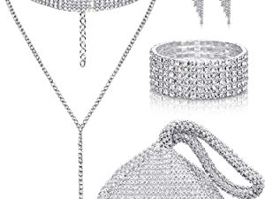 Quelay 4 Pieces Women Crystal Jewelry Set Rhinestone Tassel Necklace Stretch Bangle Bracelet Crystal Dangle Fringe Earrings and Rhinestone Handbag for Wedding Party