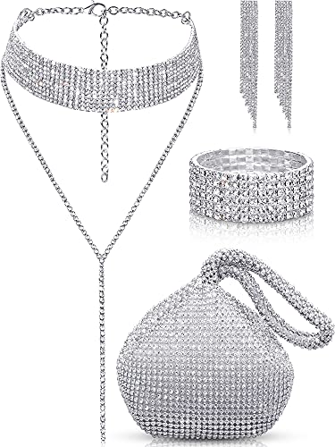 Quelay 4 Pieces Women Crystal Jewelry Set Rhinestone Tassel Necklace Stretch Bangle Bracelet Crystal Dangle Fringe Earrings and Rhinestone Handbag for Wedding Party Quelay 4 Pieces Women Crystal Jewelry Set Rhinestone Tassel Necklace Stretch Bangle Bracelet Crystal Dangle Fringe Earrings and Rhinestone Handbag for Wedding Party