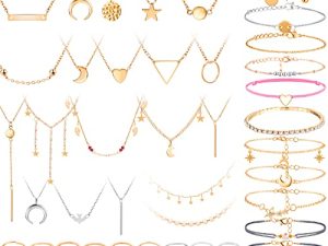 52 Pieces Gold Jewelry Set with Multiple Layered Choker Pendant Necklace Assorted Rings Girls Vintage Star Moon Knuckle Ring Set Stackable Open Cuff Bangle Bracelet Adjustable Bangles