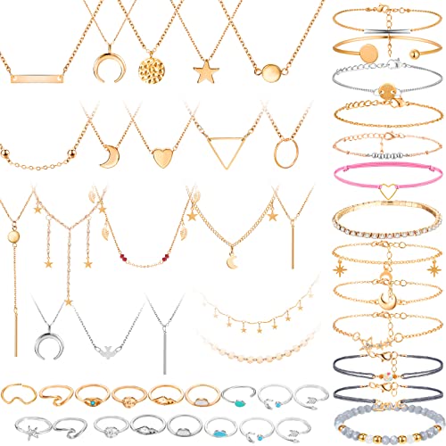 52 Pieces Gold Jewelry Set with Multiple Layered Choker Pendant Necklace Assorted Rings Girls Vintage Star Moon Knuckle Ring Set Stackable Open Cuff Bangle Bracelet Adjustable Bangles 52 Pieces Gold Jewelry Set with Multiple Layered Choker Pendant Necklace Assorted Rings Girls Vintage Star Moon Knuckle Ring Set Stackable Open Cuff Bangle Bracelet Adjustable Bangles