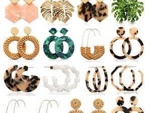 LANTAI 16 Pairs Trendy Acrylic Earrings Rattan Earrings for Women Girls-Summer Beach Straw Earrings Resin Dangle Drop Fashion Earrings Geometric Statement Earrings Vacation Jewelry
