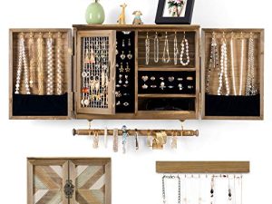 Ikkle Wooden Jewelry Organizer Wall Mounted Rustic Jewelry Holder with Wooden Barn Door for Necklaces Earrings Bracelets Ring