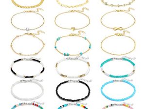KELAIEN 18 Pcs Ankle Bracelets for Women Girls Handmade Beaded Anklets for Women Girls Beach Boho Layered Adjustable Cute Gold Chain Bracelets Anklet Foot Jewelry